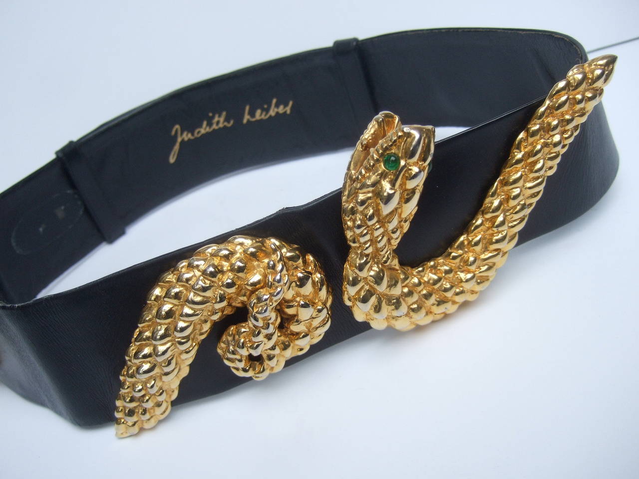 Judith Leiber Ornate Gilt Metal Serpent Black Leather Belt c 1980s In Excellent Condition In University City, MO