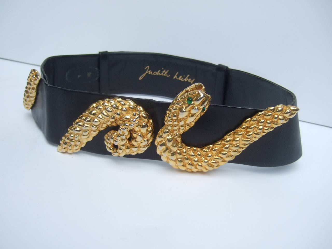 Judith Leiber Ornate Gilt Metal Serpent Black Leather Belt c 1980s 2
