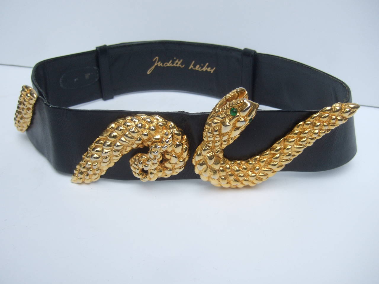 Women's Judith Leiber Ornate Gilt Metal Serpent Black Leather Belt c 1980s