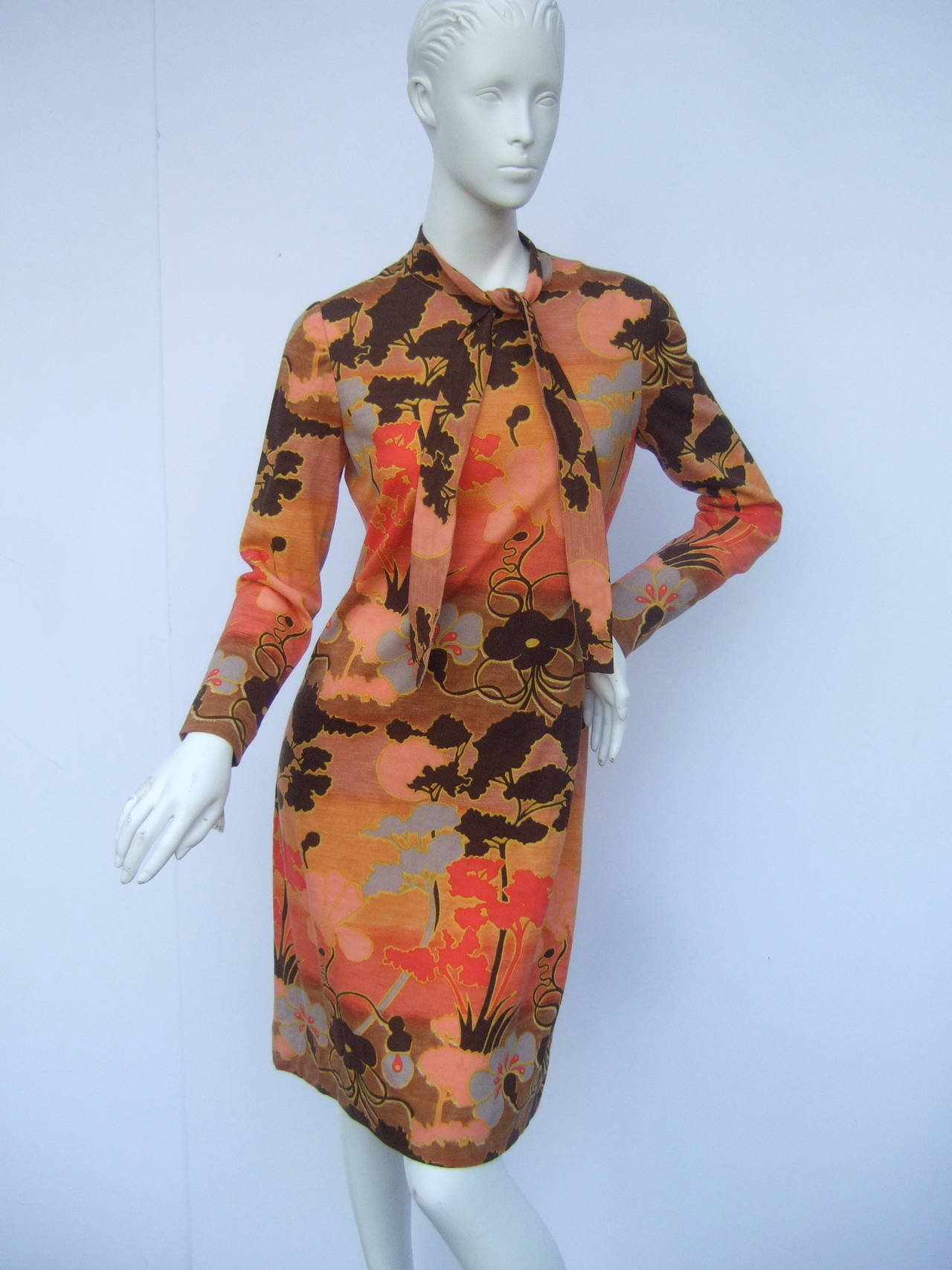Italian Floral Print Merino Wool Knit Dress c 1970s