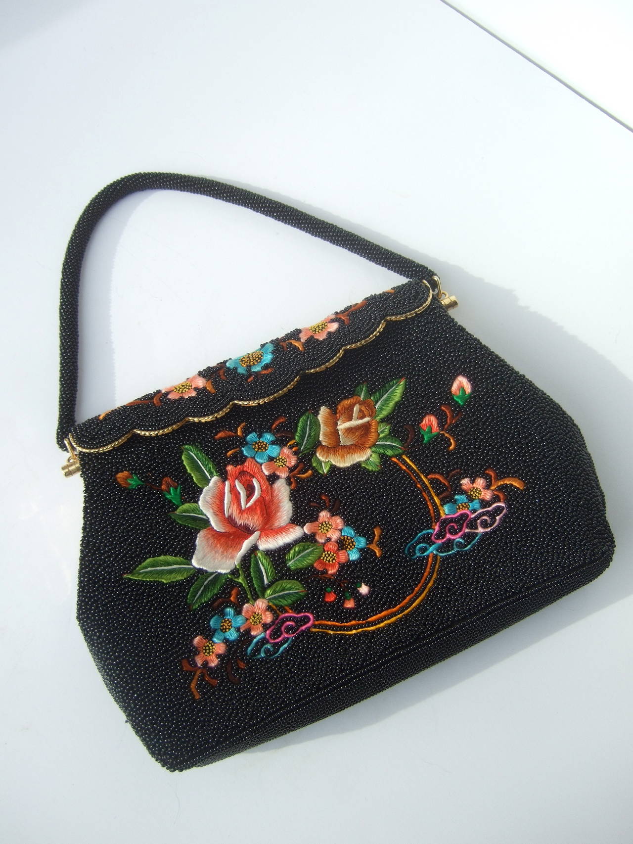 Exquiste Black Glass Beaded Embroidered Evening Bag C 1960