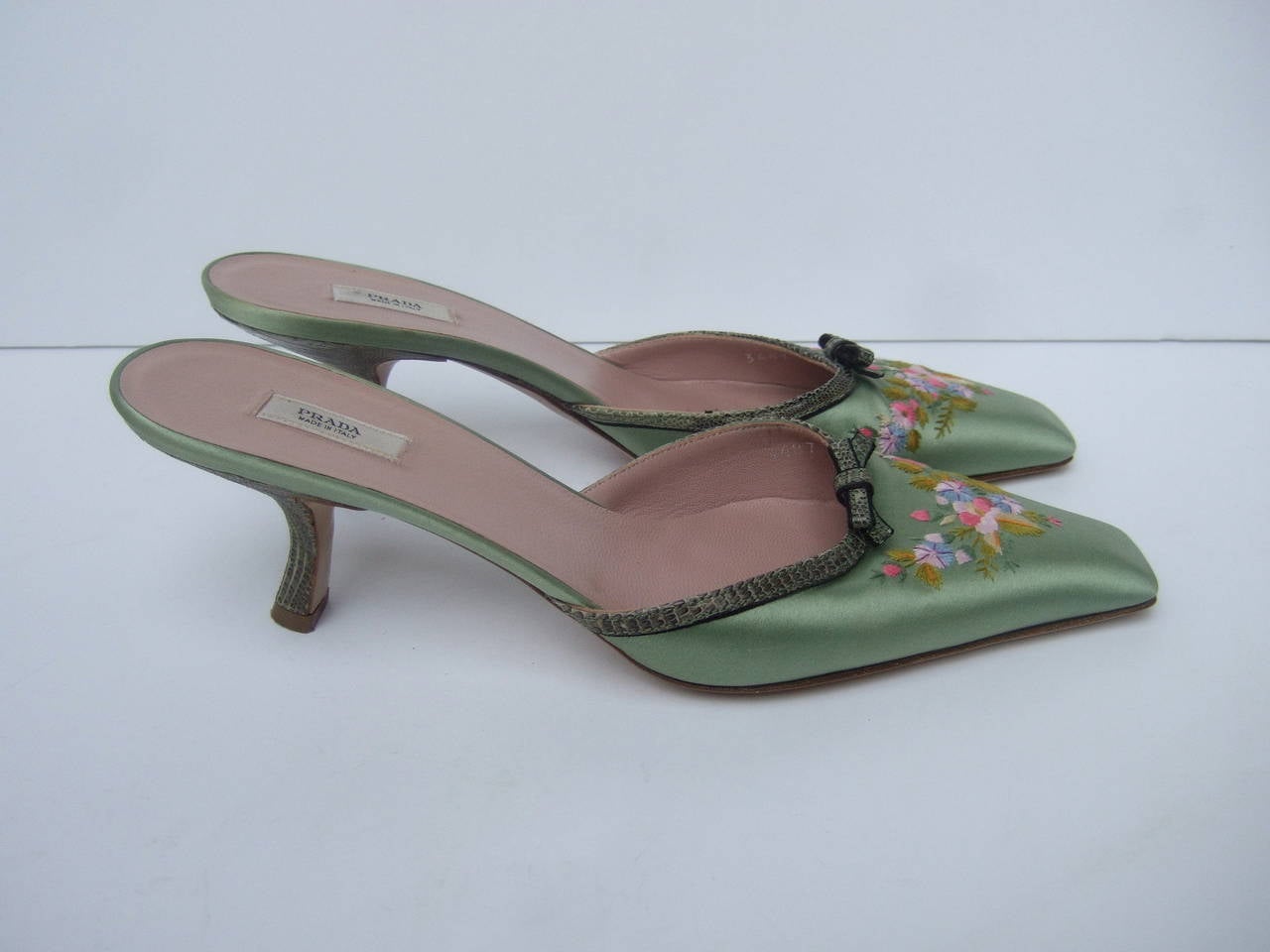 Gray Prada Mint Green Satin Embroidered Mules Size 37.5 Made in Italy