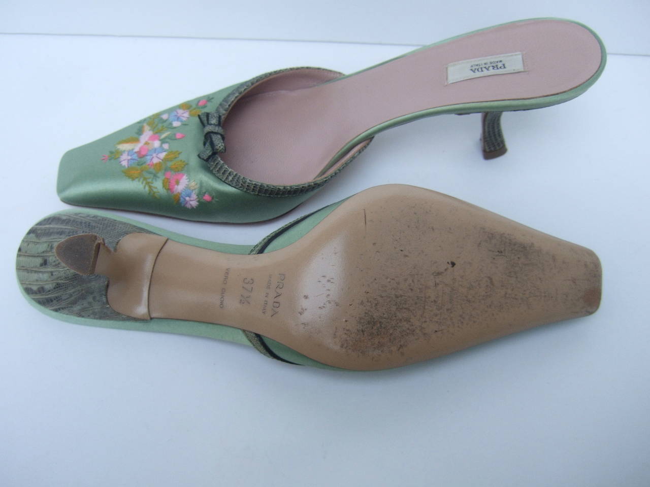 Prada Mint Green Satin Embroidered Mules Size 37.5 Made in Italy 2