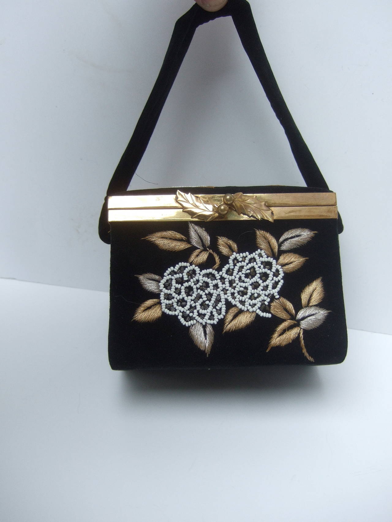 Opulent Black Silk Velvet Beaded Embroidered Evening Bag c 1960 In Excellent Condition In University City, MO