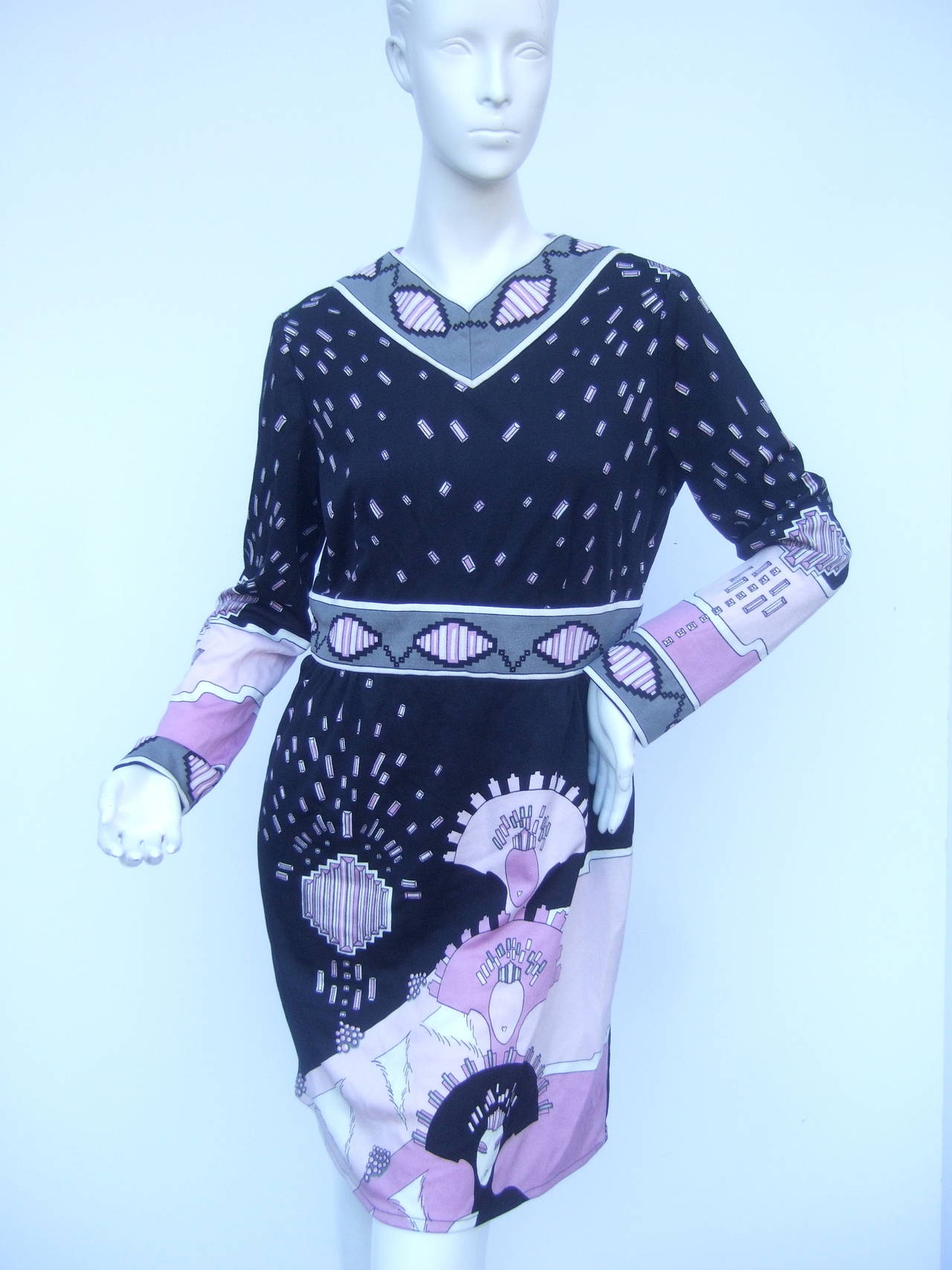 Paganne by Gene Berk 1970s Erte Style Print Jersey Knit Dress For Sale ...