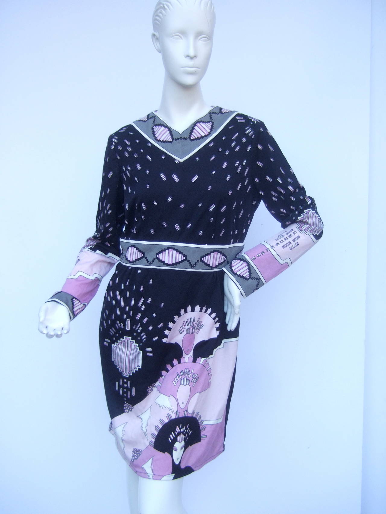 Paganne by Gene Berk 1970s Erte Style Print Jersey Knit Dress 1