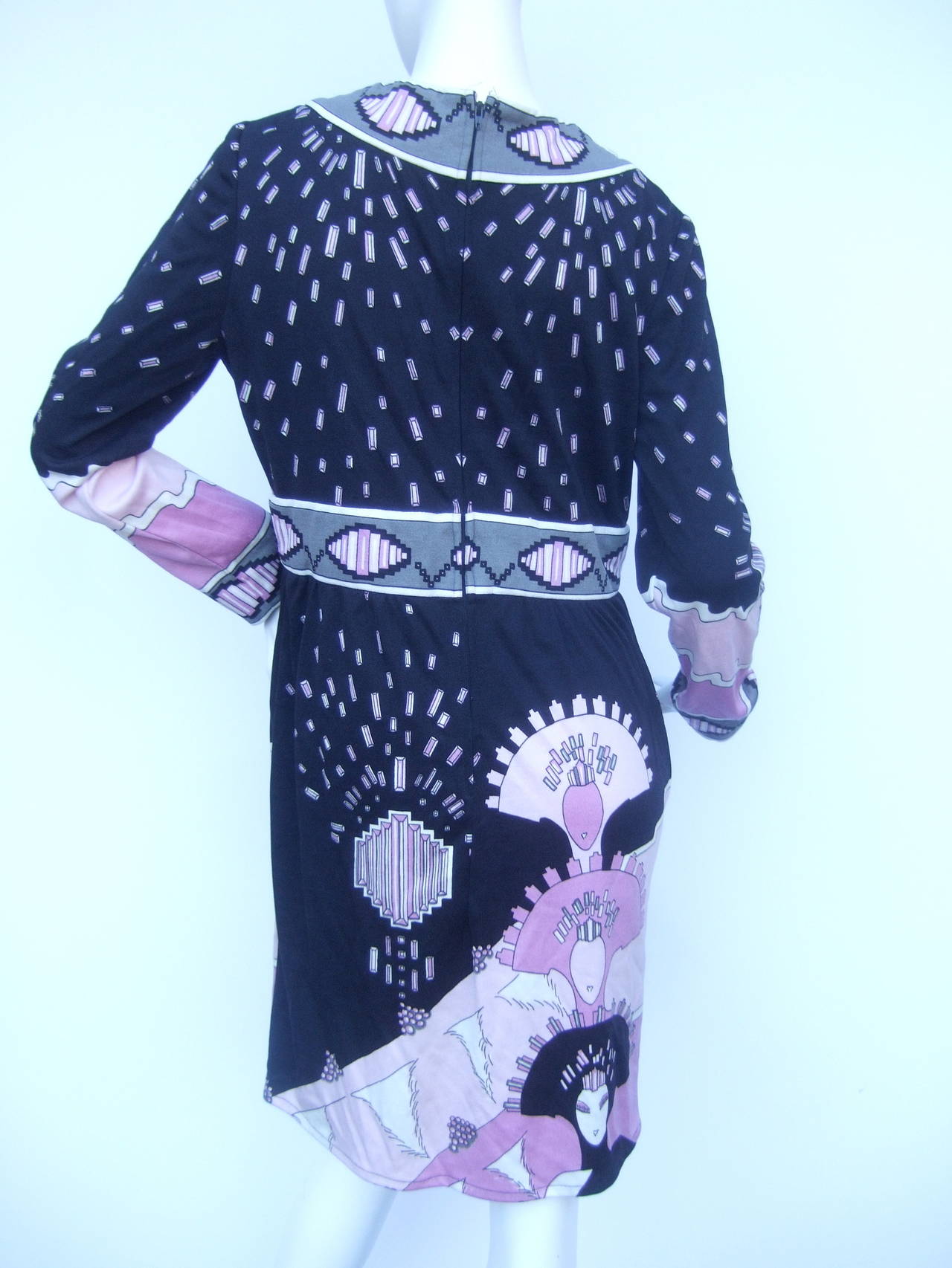 Paganne by Gene Berk 1970s Erte Style Print Jersey Knit Dress In Good Condition In University City, MO