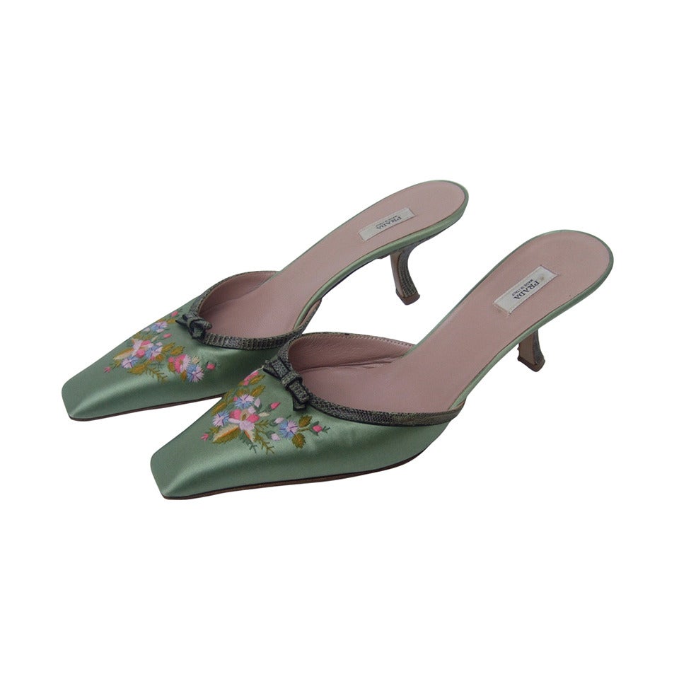 Prada Mint Green Satin Embroidered Mules Size 37.5 Made in Italy