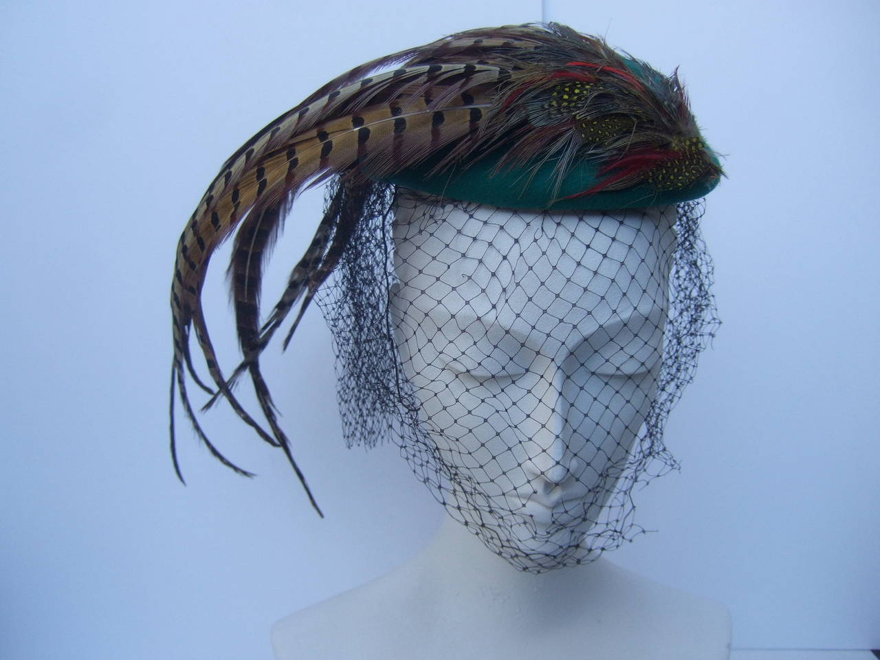Dramatic Green Felt Feather Veiled Hat c 1980s 2