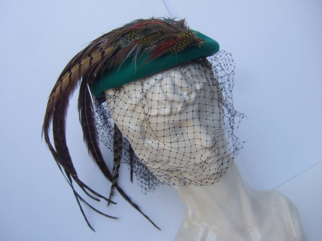 Dramatic Green Felt Feather Veiled Hat c 1980s 3