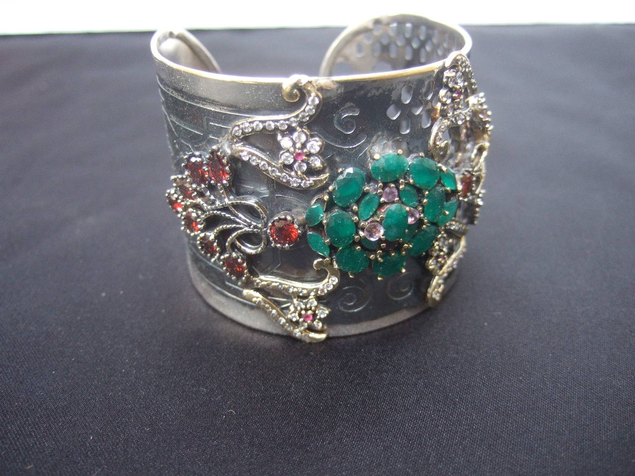 Crystal Jewel Encrusted Wide Silver Metal Cuff 3