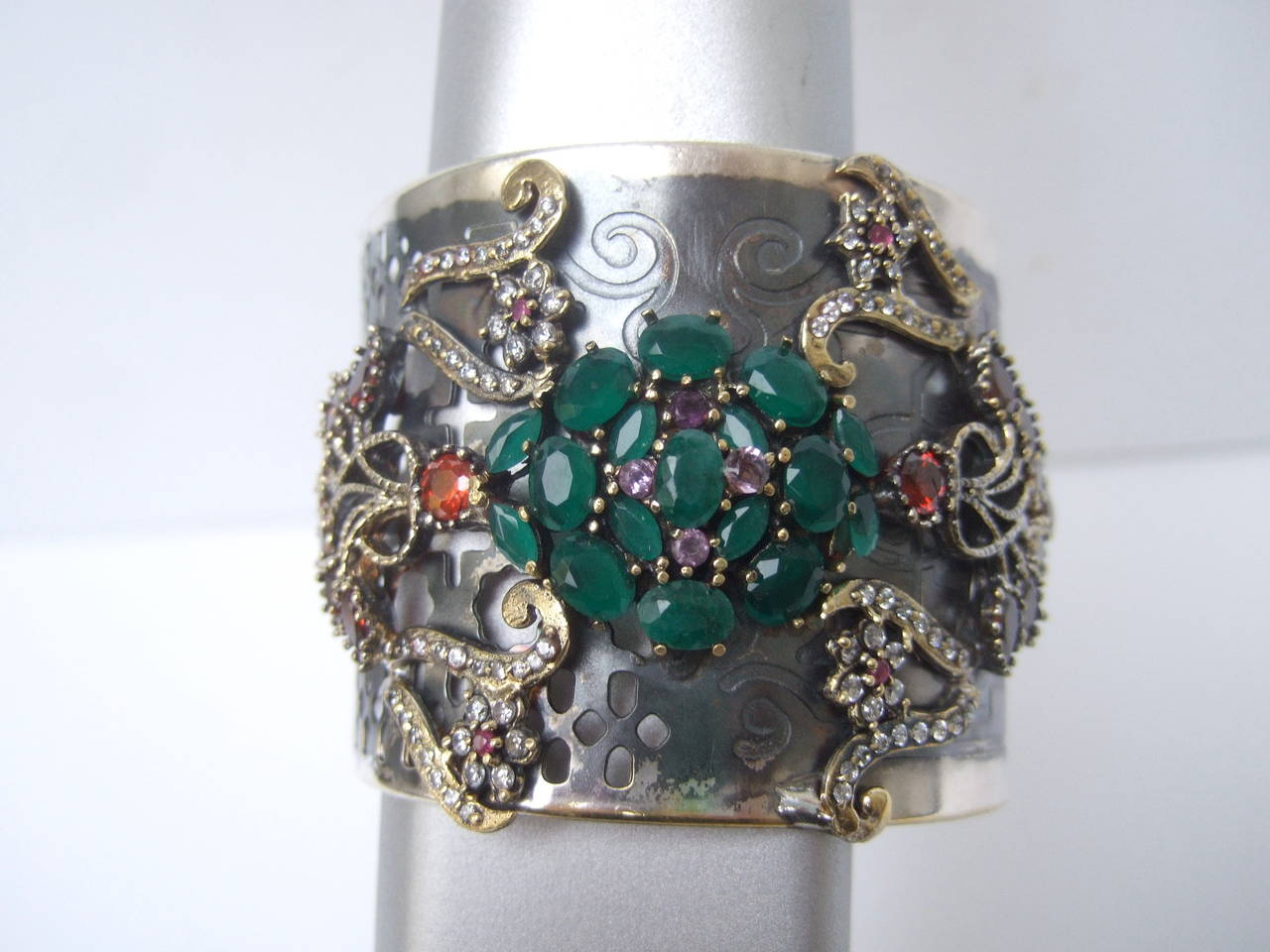 Crystal Jewel Encrusted Wide Silver Metal Cuff 1