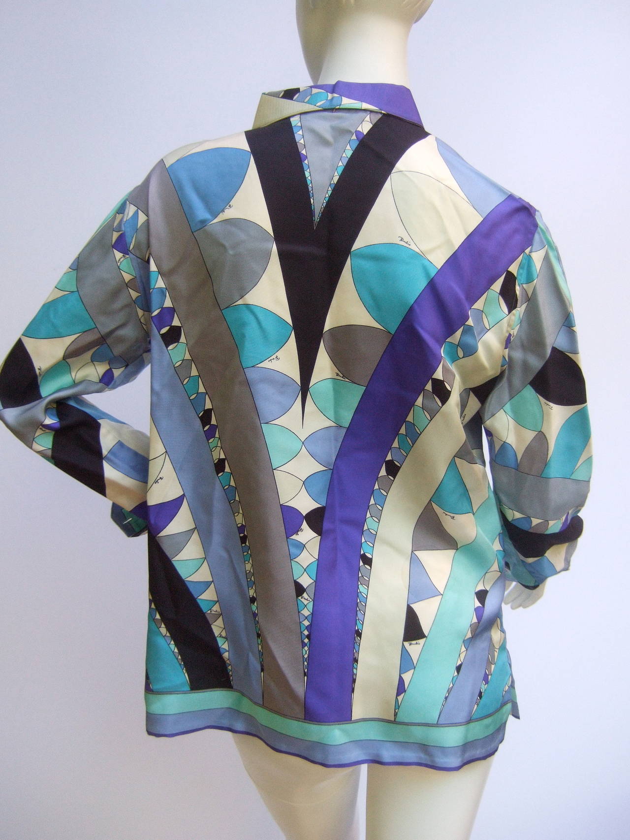 Emilio Pucci Iconic Graphic Print Silk Blouse c 1970 In Good Condition In University City, MO