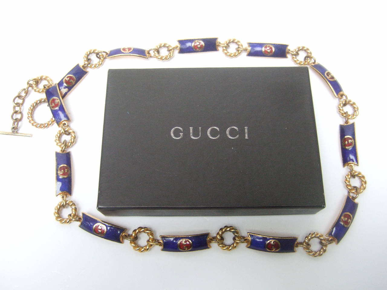 Gucci Sleek Cobalt Enamel Gilt Link Belt c 1970 1
