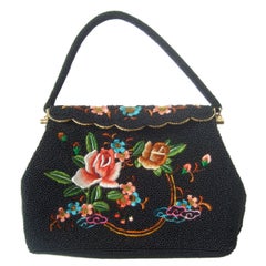 Exquiste Black Glass Beaded Embroidered Evening Bag c 1960
