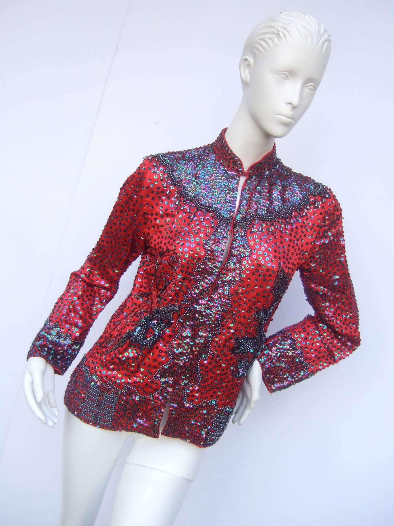 Brown Exotic Silk Beaded Sequined Crimson Evening Jacket c 1980