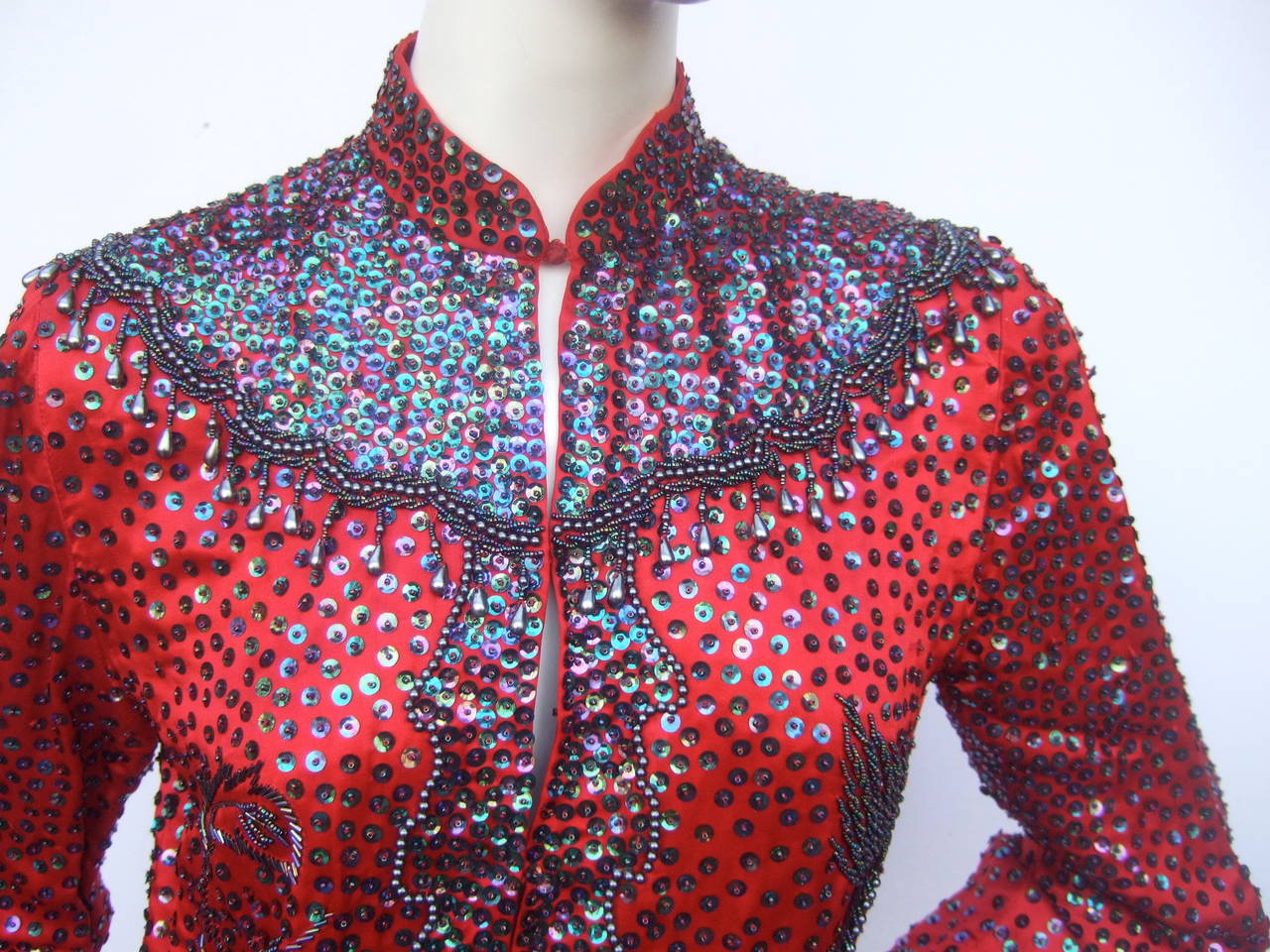 Exotic Silk Beaded Sequined Crimson Evening Jacket c 1980 In Excellent Condition In University City, MO