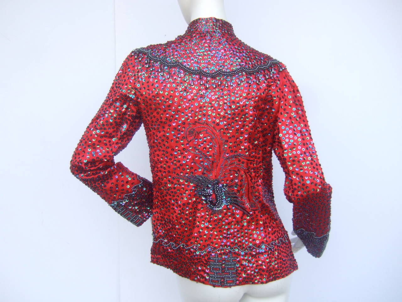 Exotic Silk Beaded Sequined Crimson Evening Jacket c 1980 1