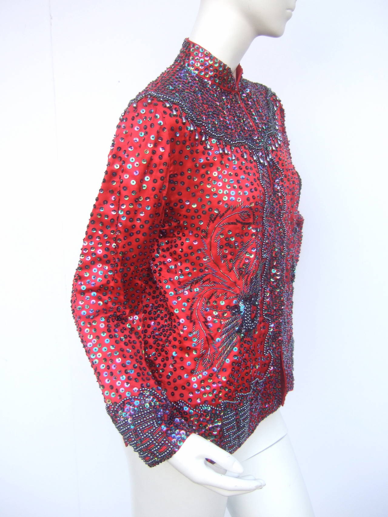 Exotic Silk Beaded Sequined Crimson Evening Jacket c 1980 2