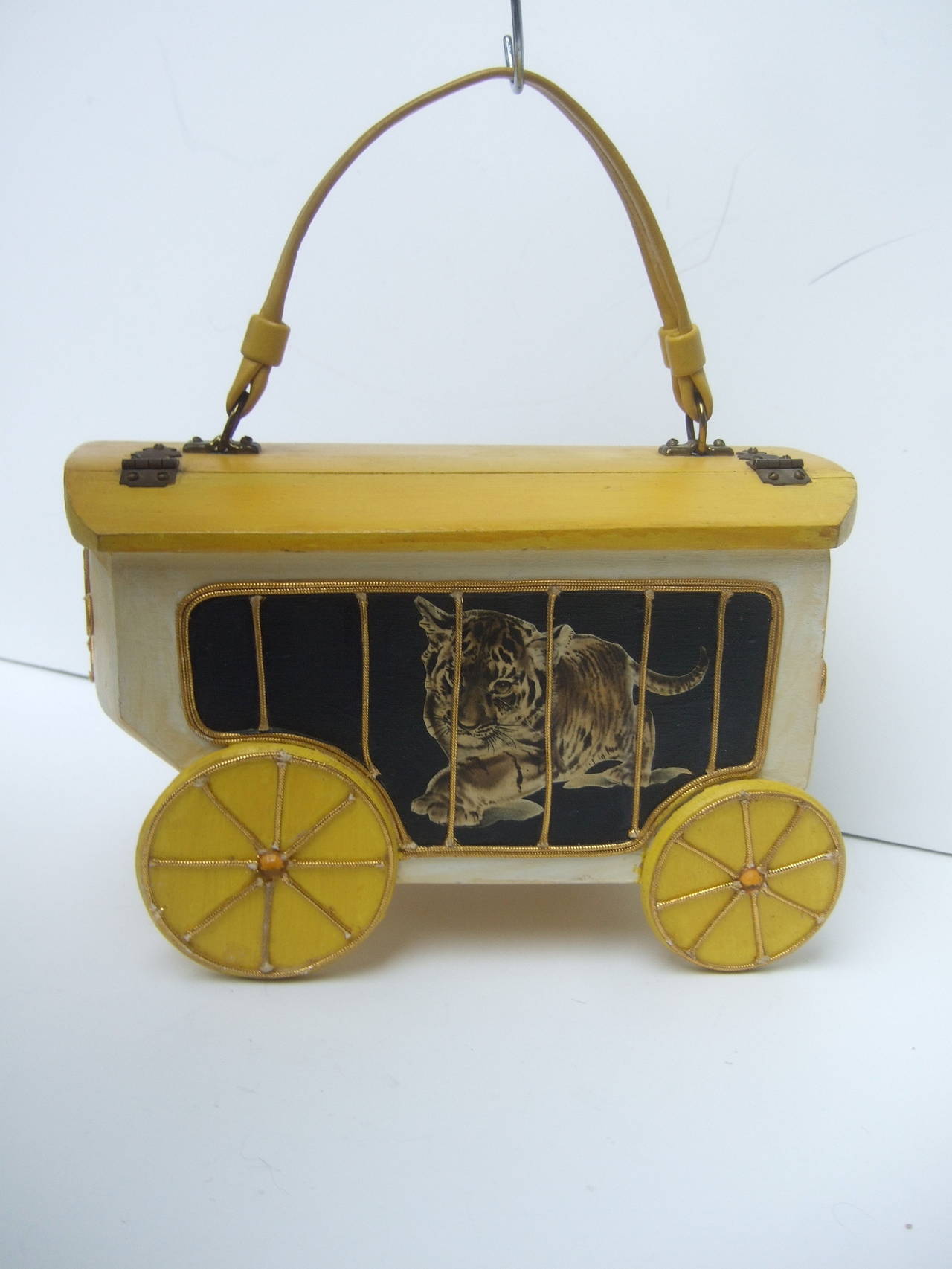 Whimsical Circus Lion Wood Decoupage Handbag c 1970 4