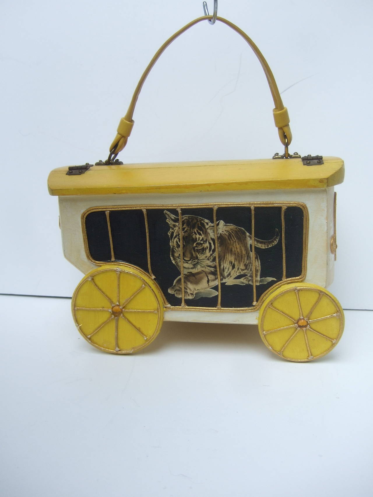 Whimsical Circus Lion Wood Decoupage Handbag c 1970 3
