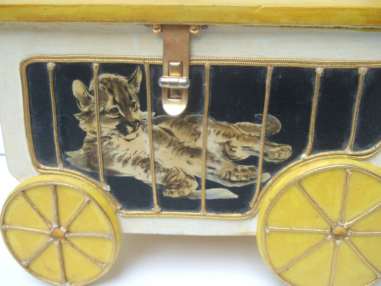Whimsical Circus Lion Wood Decoupage Handbag c 1970 1