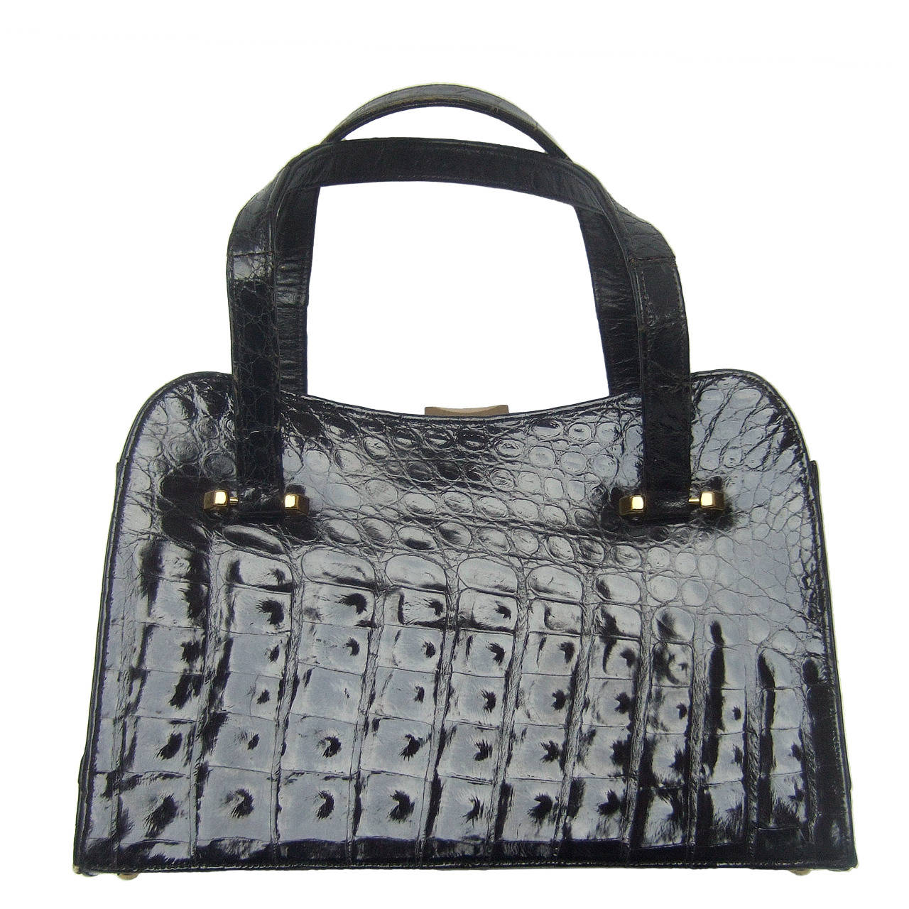 Exotic Sleek Black Alligator Handbag c 1960 For Sale