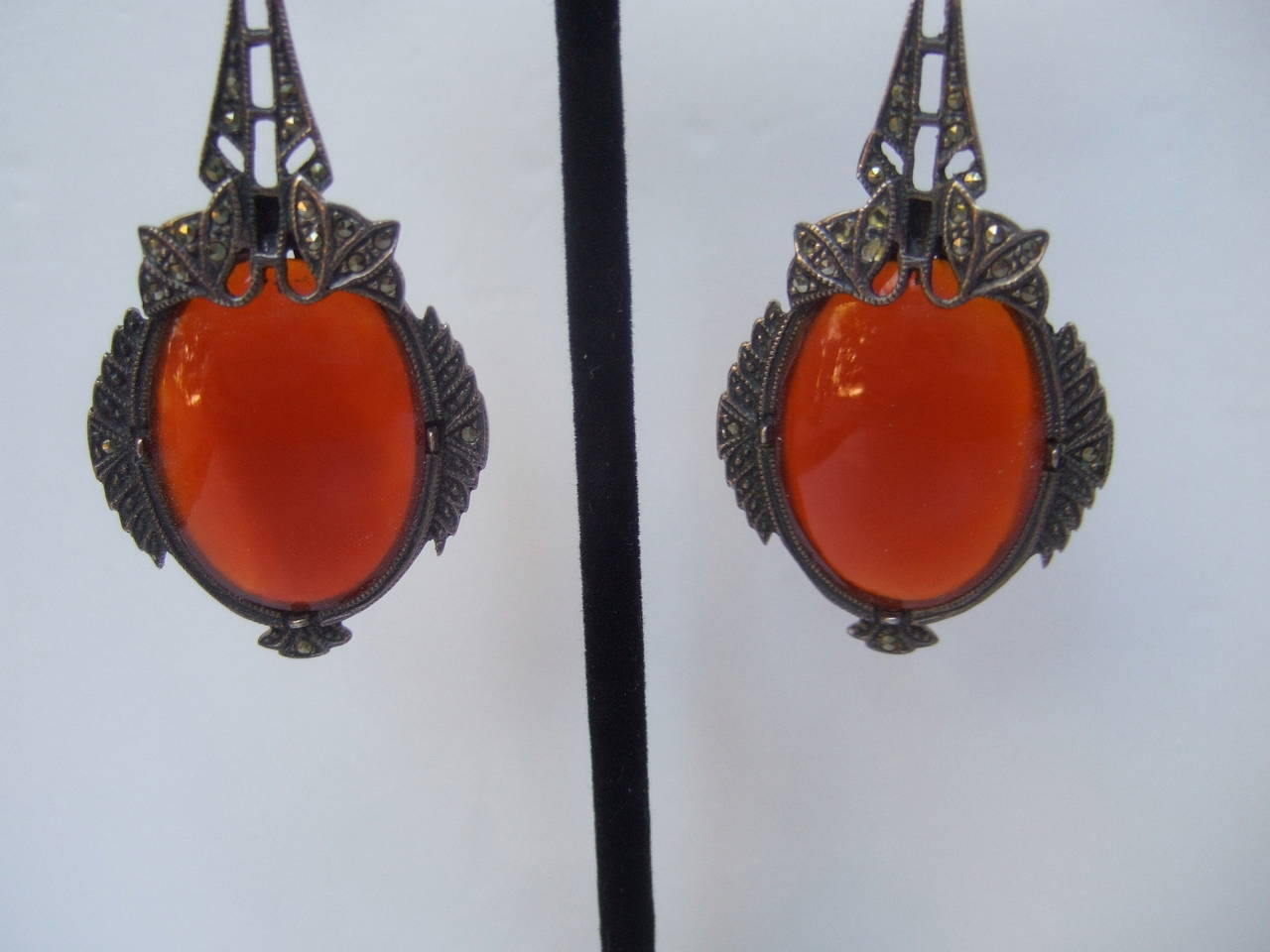 Exquisite Art Deco Dangling Carnelian Glass & Marcasite Pendant Earrings In Good Condition For Sale In University City, MO