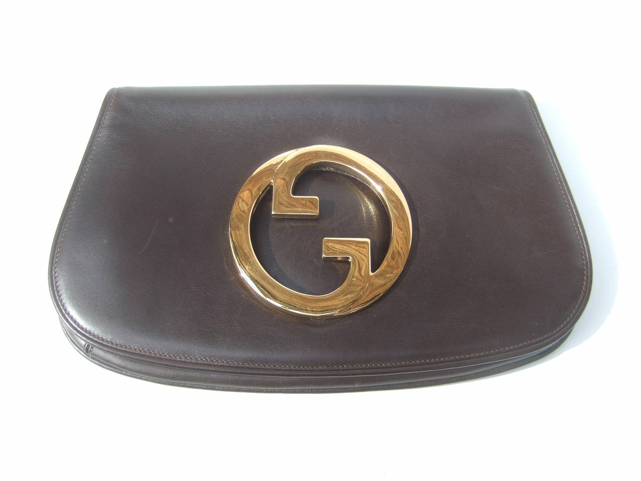 Black Gucci Iconic Chocolate Brown Leather Blondie Clutch c 1970