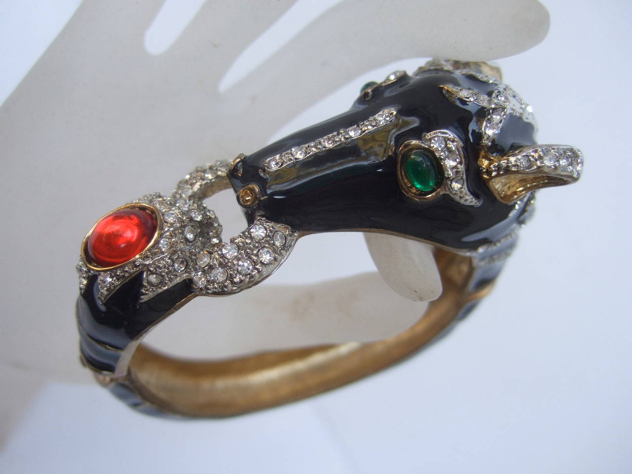 Jet Enamel Jeweled Equine Bracelet c 1980 In Excellent Condition In University City, MO