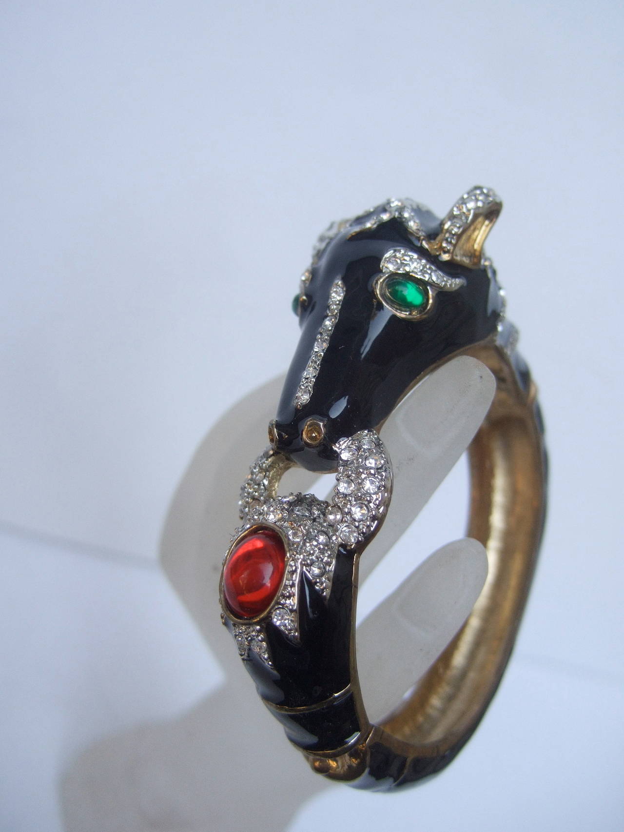 Jet Enamel Jeweled Equine Bracelet c 1980