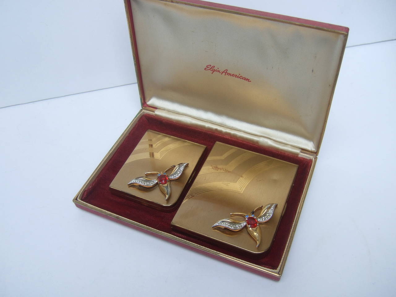 Art Deco Jeweled Cigarette Case & Vanity Compact Set c 1950 1