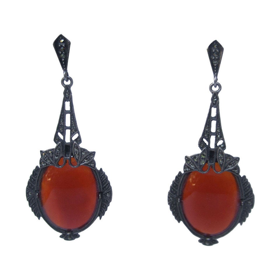 Exquisite Art Deco Dangling Carnelian Glass & Marcasite Pendant Earrings