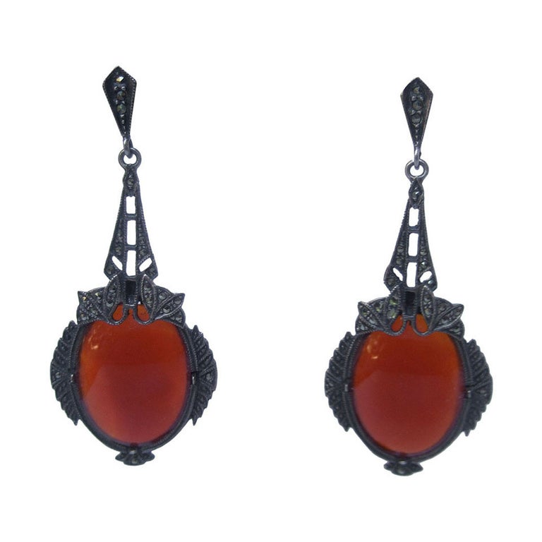 Boucles D'oreilles Anciennes Art Déco En Argent Massif Avec Marcasite - Clips Argentés