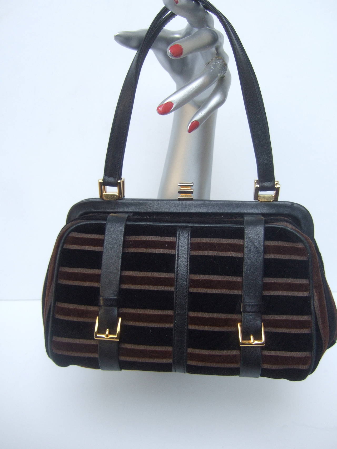 Black Saks Fifth Avenue Striped Velvet Handbag Made in Italy For Sale