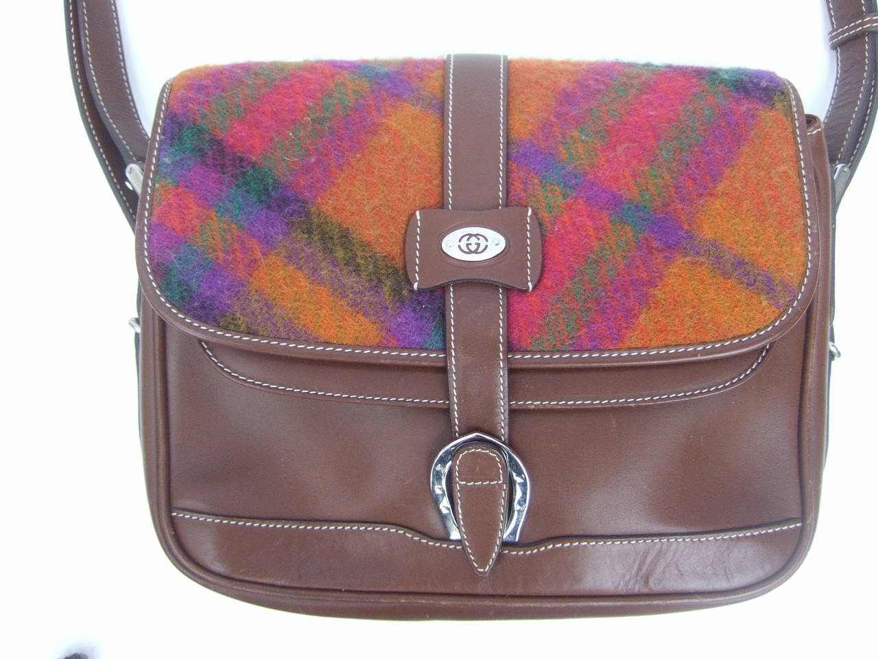 Gucci Italy Plaid Wool Brown Leather Shoulder Bag c 1980 1