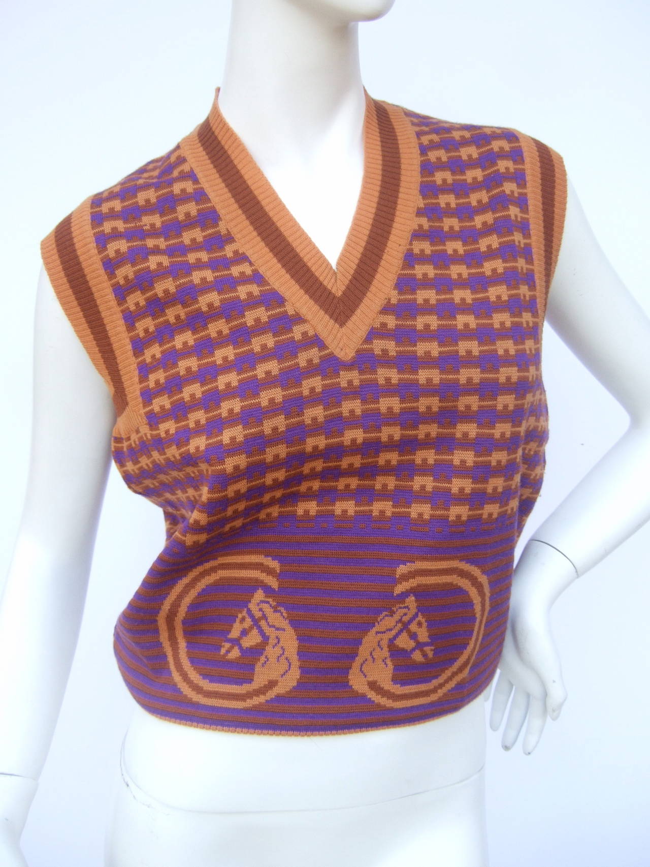 Women's Gucci Italy Equestrian Design Wool Knit Sweater Vest c 1970