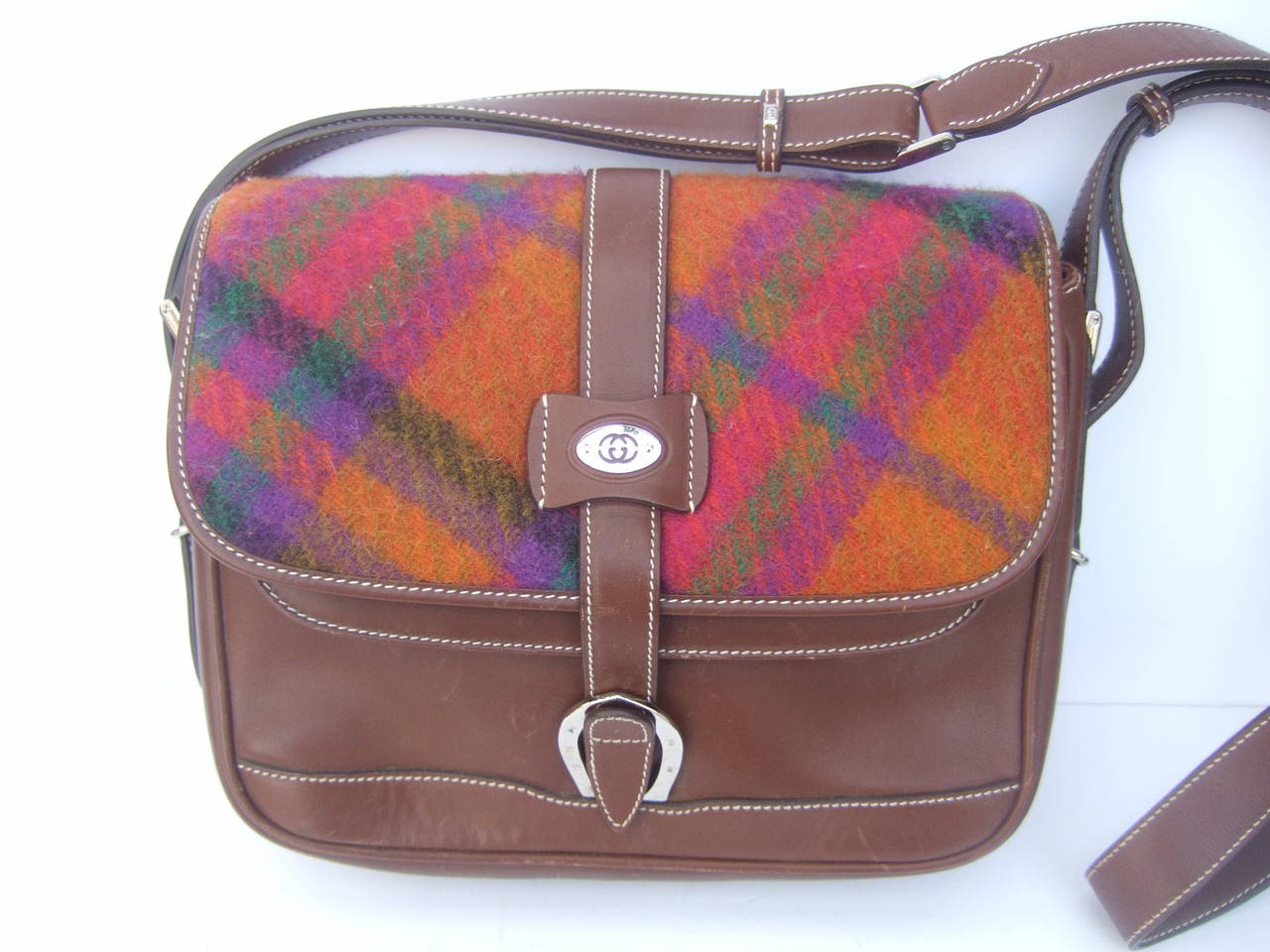 Gucci Italy Plaid Wool Brown Leather Shoulder Bag c 1980 2