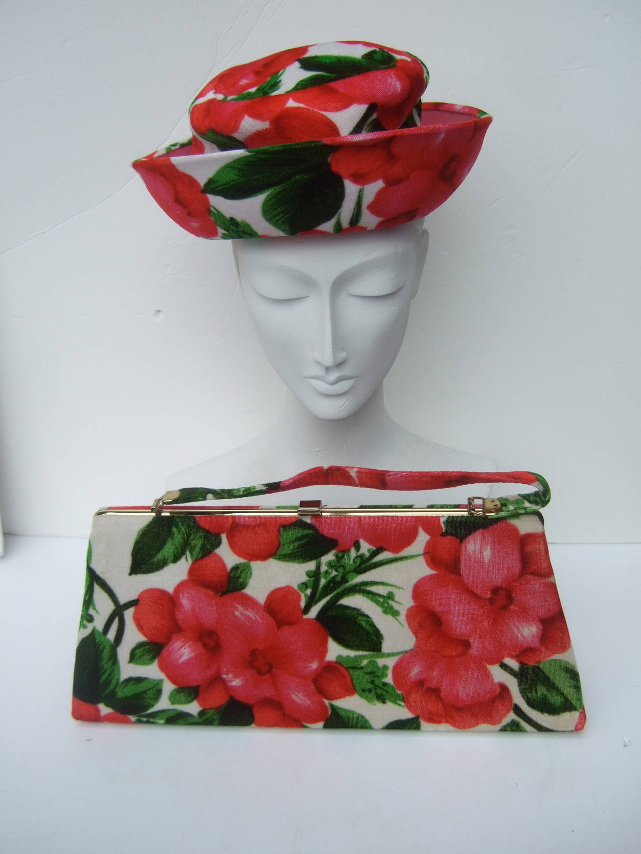 Red  Vibrant Floral Print Velvet Hat & Handbag c 1960