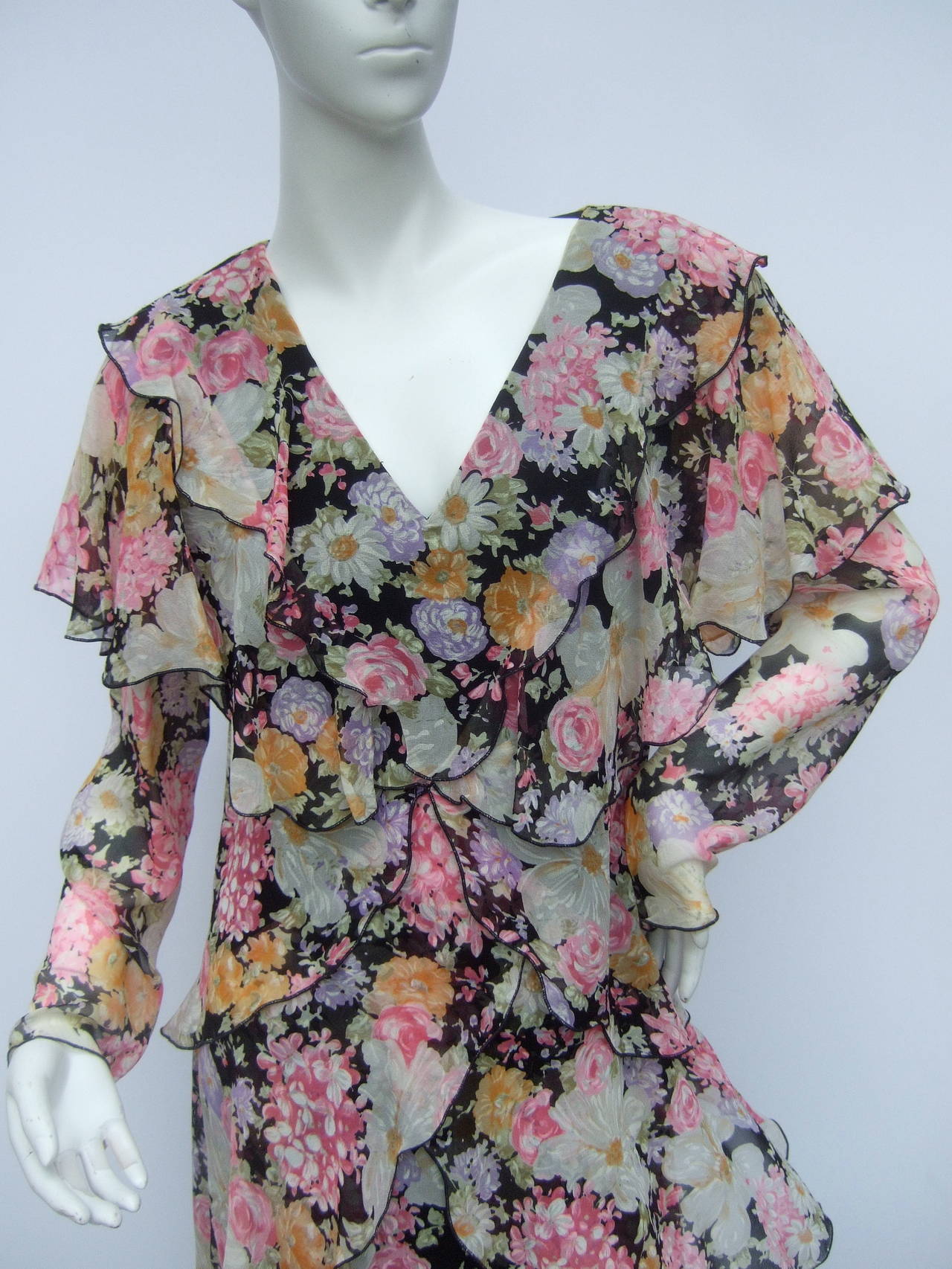 Brown Holly Harp Silk Floral Tiered Chiffon Dress for Saks Fifth Avenue  c 1980s