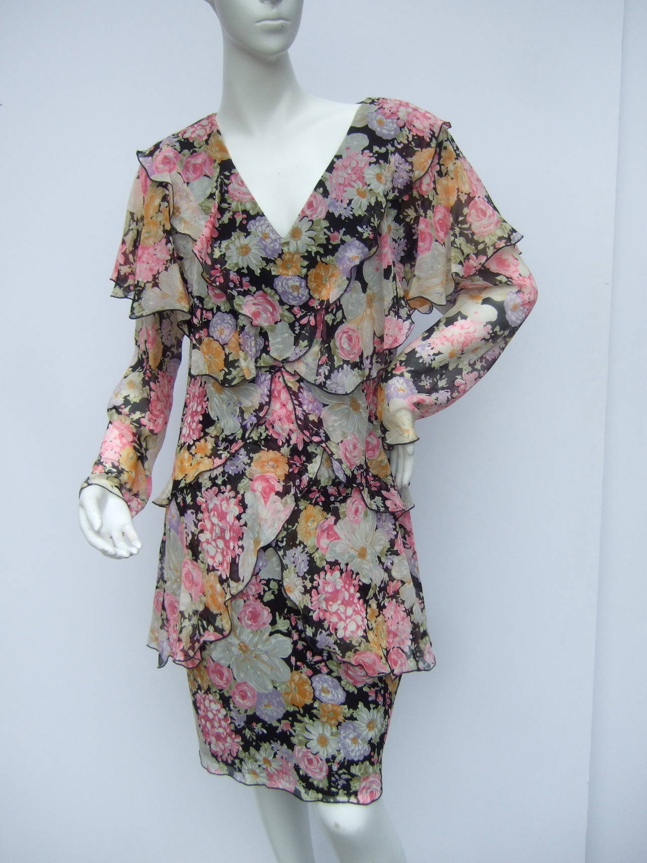 Women's Holly Harp Silk Floral Tiered Chiffon Dress for Saks Fifth Avenue  c 1980s