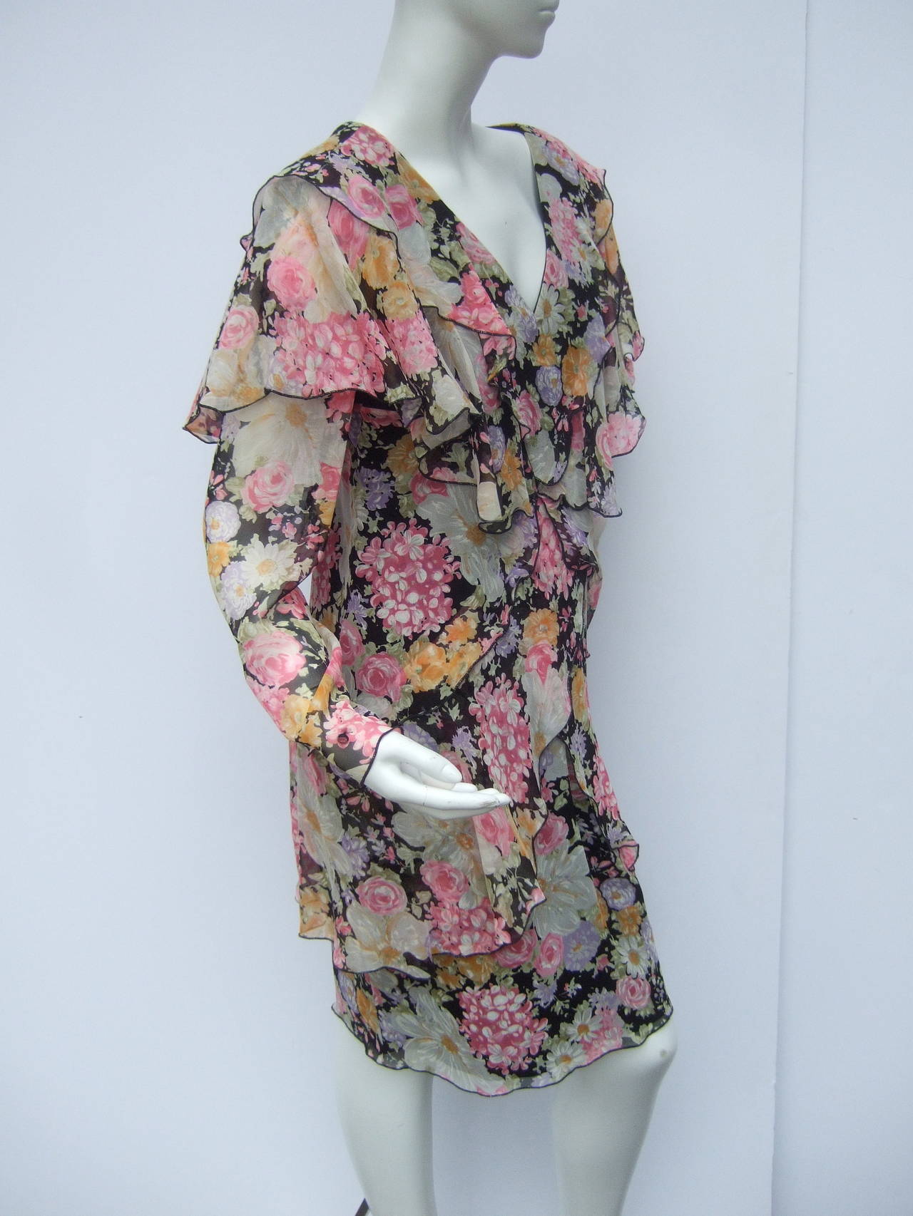 Holly Harp Silk Floral Tiered Chiffon Dress for Saks Fifth Avenue  c 1980s In Excellent Condition In University City, MO