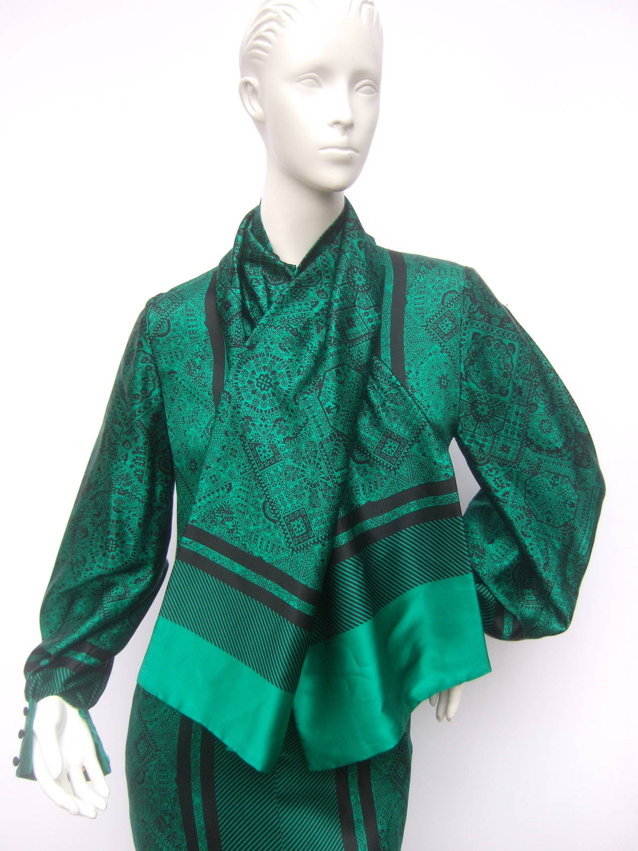 Christian Ruperto Emerald Green Silk Charmeuse Dress & Scarf c 1980 1