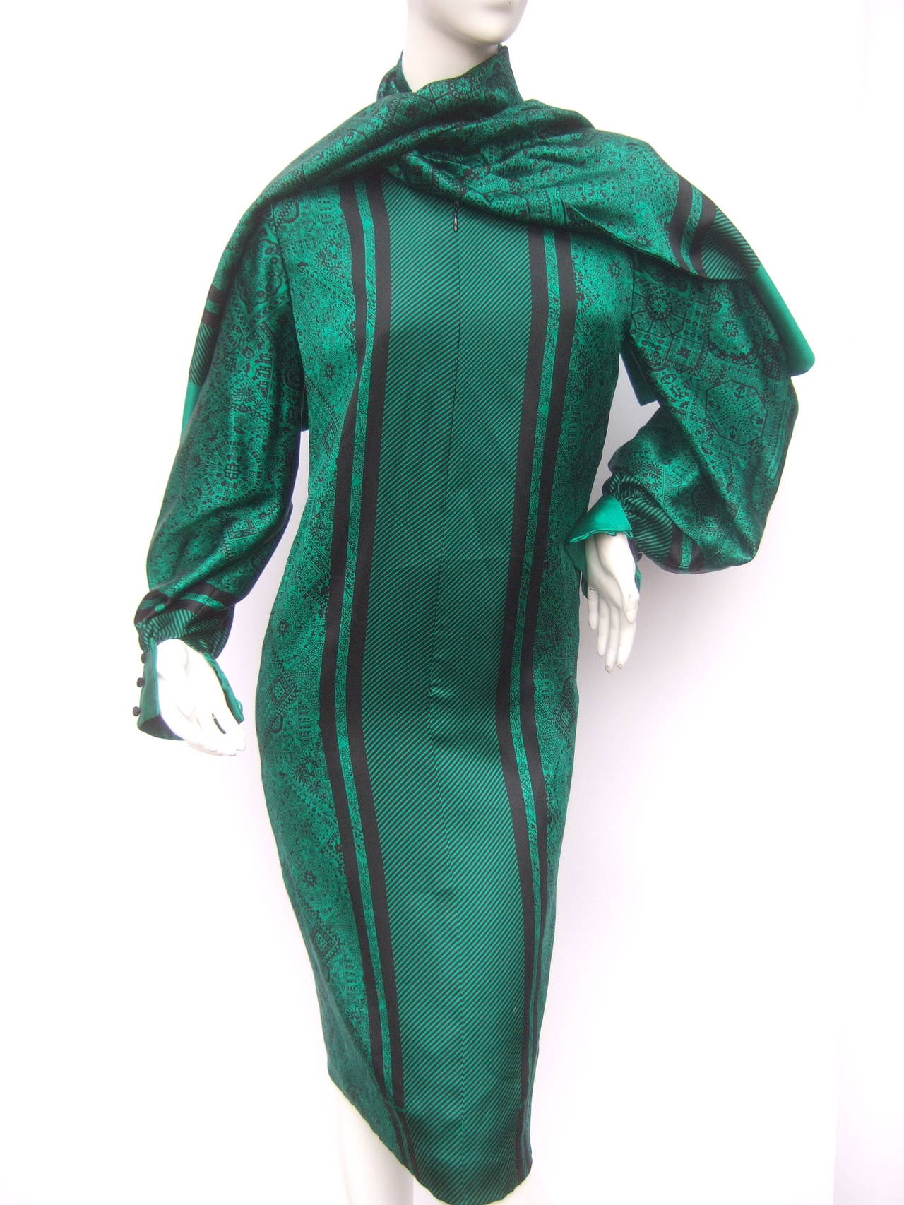 Christian Ruperto Emerald Green Silk Charmeuse Dress & Scarf c 1980 In Excellent Condition In University City, MO