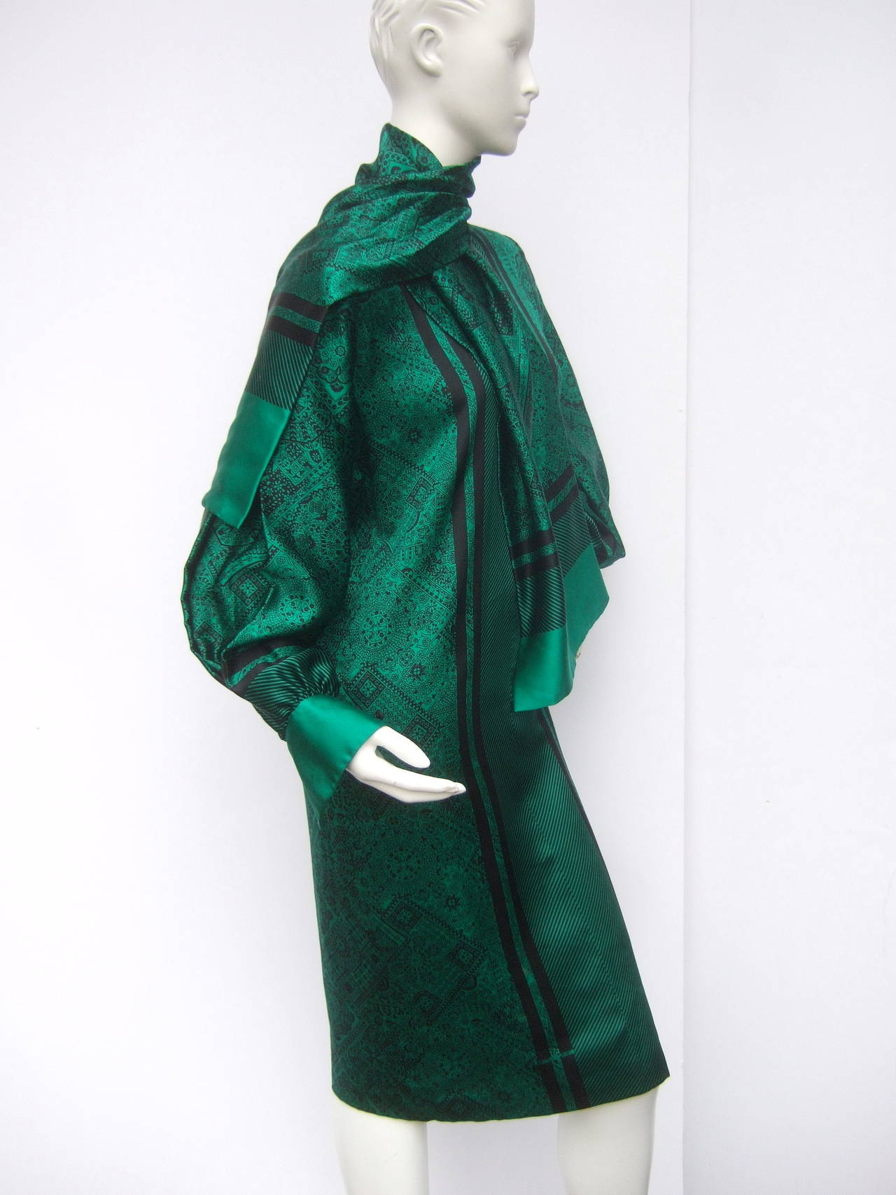 Christian Ruperto Emerald Green Silk Charmeuse Dress & Scarf c 1980 2