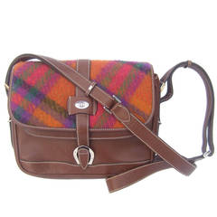 Retro Gucci Italy Plaid Wool Brown Leather Shoulder Bag c 1980