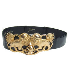 Judith Leiber Gilt Metal Foo Dog Black Leather Belt c 1980s