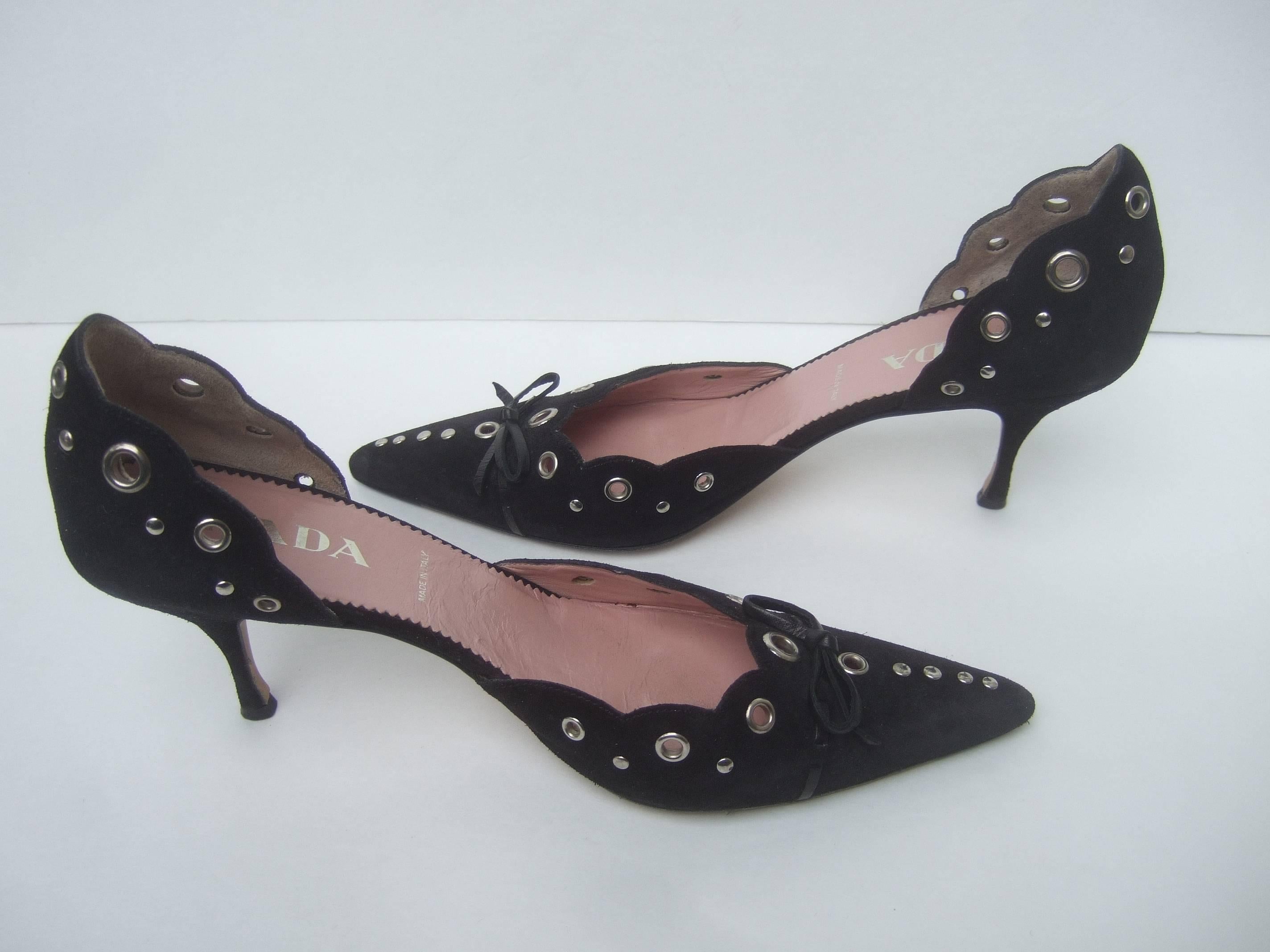 Women's Prada Black Suede Grommet Pumps Size 38