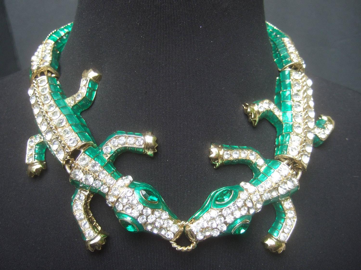 Exotic Green Crystal Articulated Enamel Alligator Necklace at 1stdibs