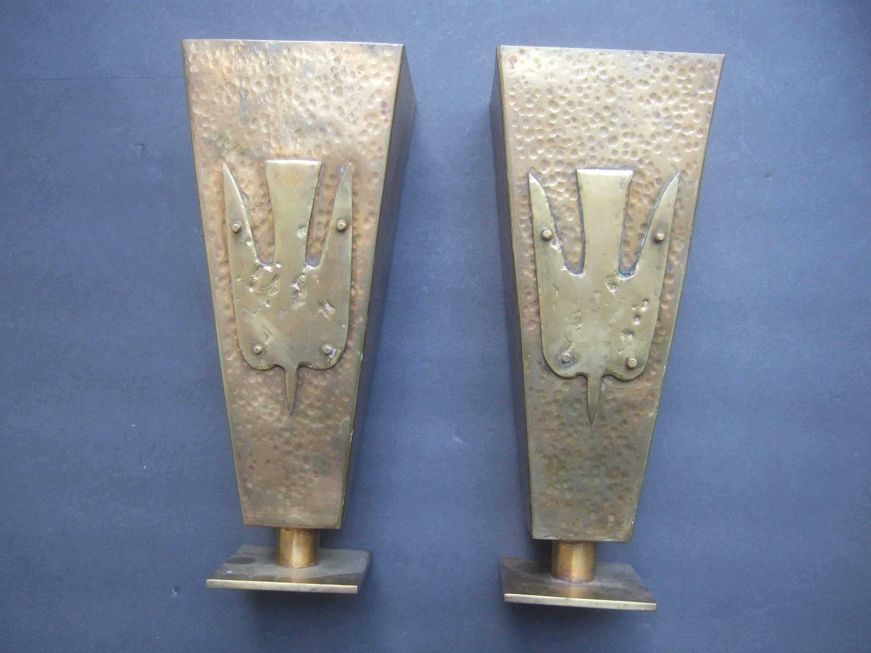 Brutalist Pair of Brass Metal Artisan Bird Urns ca 1974 1